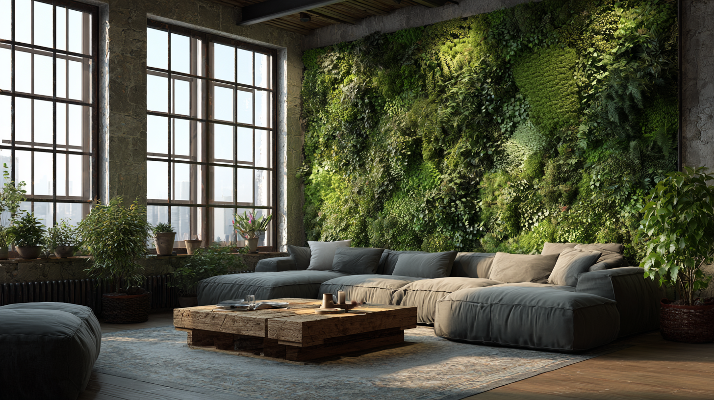 Wohnzimmerwand mit SproutSound-Panels: sattgrüne Microgreens wachsen aus denimblauen Akustikelementen